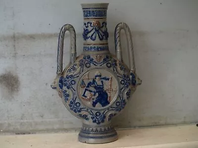 Buy Antique Westerwald Rare Blue & Grey Stoneware 'rough Justice' Twin Handled Vase • 29.99£