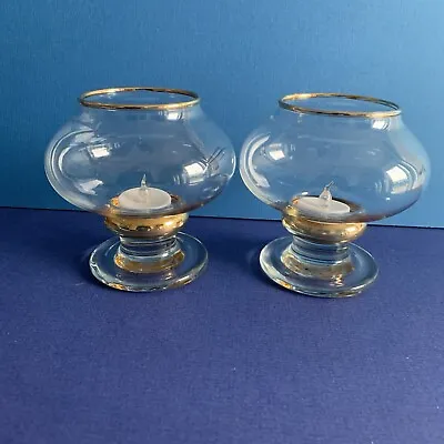 Buy 2 Eamon Glass Gilt Trimmed Votive Tealight Candle Holders. • 15£