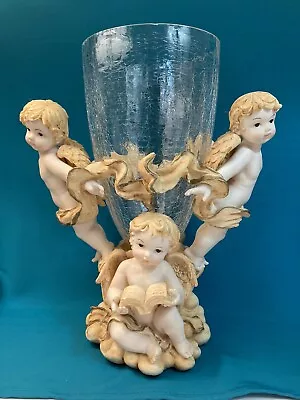 Buy Resin Three Cherubs  Angels And Cracked Glass Vase • 28.46£