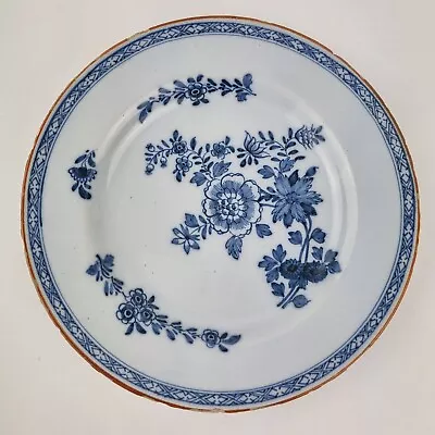 Buy Antique 18th Century Delft Blue & White Plate Decorated Flowers 22.8cm #1 • 95£