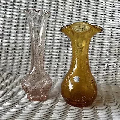 Buy Rainbow Brand Hand Blown Amber Crackle Art Glass 5.5  Tall Bud Vase Ruffled Edge • 21.12£