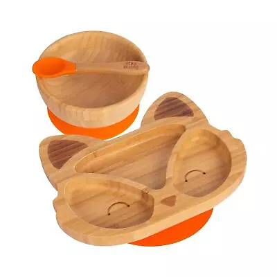 Buy Children's Bamboo Suction Fox Dinner Set Toddler Segmented Stay Put Dish Orange • 24£