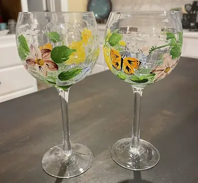 Buy Set Of 2 / Pair Of Hand Painted Crackle Glass Wine Glasses Butterfly Floral B55 • 21.12£