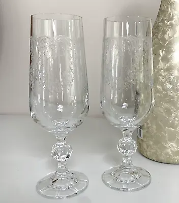 Buy Vtg. Champagne Toasting Flutes Glasses Pair Cascade Bohemia Fine Crystal Etched • 18.89£
