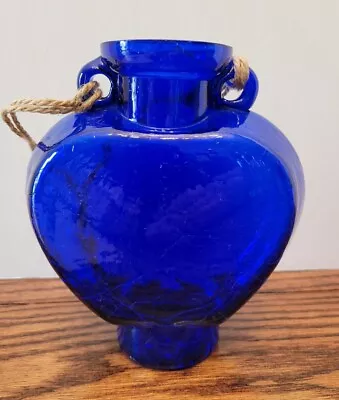 Buy Cobalt Blue Glass Double Handle Art Glass Vase/Bottle 6  Tall Crackle Look • 33.21£