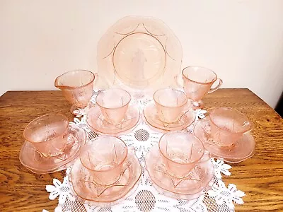 Buy American Art Deco Hazel Atlas Pink Depression Glass 21pc Tea Service Royal Lace • 48£