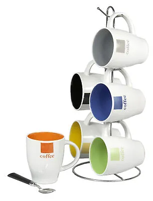 Buy Home Basics 6-Piece Ceramic Mug Set With Stand, Coffee, Multicolor • 26.35£