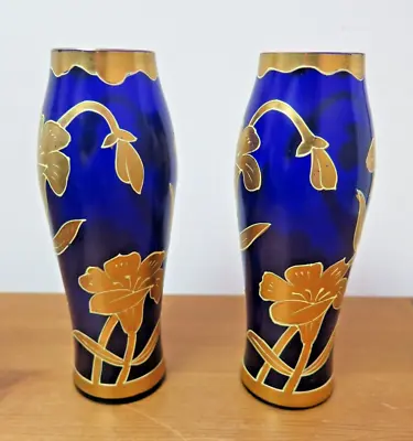 Buy X2 Antique Art Nouveau Gold Gilded Cobalt Blue Glass Vase Josephinenhutte (?) • 55£