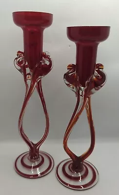 Buy Pair MAKORA KROSNO Hand Blown Art Glass Candlestick Holders Cadmium Glass Poland • 64.99£