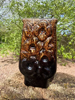 Buy Vintage Square Treacle Glazed Shiny Brown Vase With Floral Relief. C1970s Retro • 12£