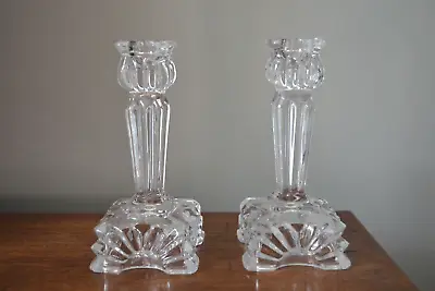 Buy Pair Of VINTAGE 1960s Clear Glass Candle Holders Candlesticks Square Base • 15£
