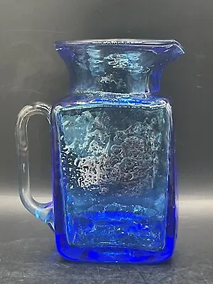 Buy Square Blue Crackle Glass Syrup Pitcher Creamer Hand Blown Applied Handle • 21.75£
