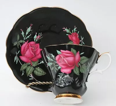 Buy Royal Albert Tea Cup And Saucer  - Red / Pink Rose On Black Teacup England 1950s • 54£