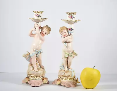 Buy Antique 19th C Dresden Figural Candlesticks Meissen Style Cherubs • 188£