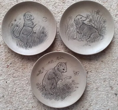 Buy Three Poole Pottery Stoneware Small Plates Dogs And Cat • 12.99£