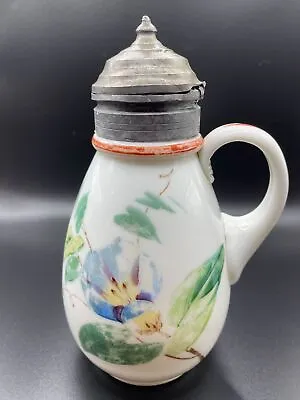 Buy Antique Milk Glass Syrup Pitcher Jug Hand Painted Hinged Pewter Lid Dated 1881 • 34.13£