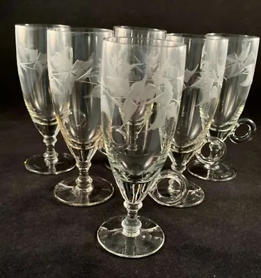 Buy Set Of 6 Vintage 6 Oz. Etched Crystal Handled Irish Coffee Glasses, Leaf Design • 23.71£