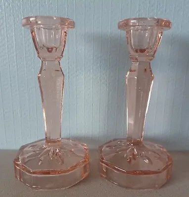 Buy Vintage Rose Pink Pressed Glass Candle Holders - Pair - 6.25  High X 3  Base • 24£