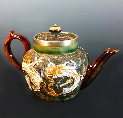 Buy Rare, Early Doulton Lambeth Hand Painted Silver Mounted Bachelor's Teapot - 1889 • 265£