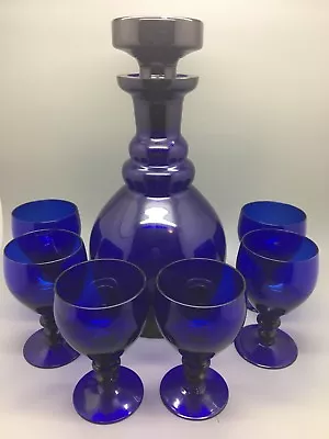 Buy Vintage Cobalt Bristol Blue Art Glass Decanter & Set Of Six Matched Glasses • 179.95£