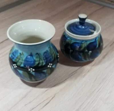 Buy Cute 1970s Alvingham Pottery Blue Vase And Condiment Pot • 22.50£