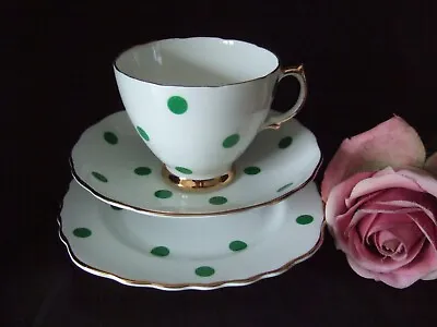 Buy Vintage Royal Vale Bone China Green Polka Dot Spotty Trio  Tea Cup Saucer  Plate • 8.99£