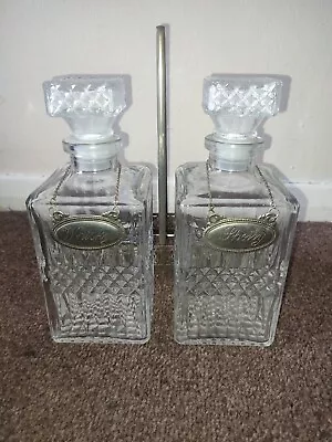 Buy 2x Vintage Cut Glass Decanter And Stopper Whiskey And Sherry Label With Holder • 29.99£