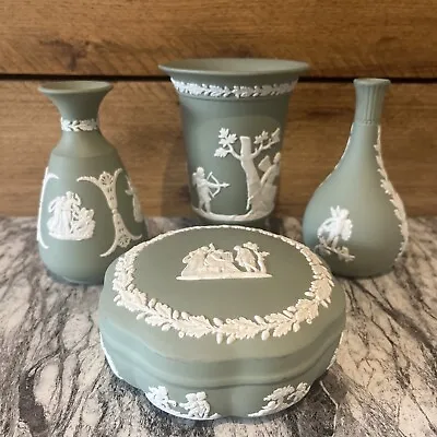 Buy 4 Vintage Wedgwood Cream Colour On Sage Green Jasperware Bud Vase ‘s Trinket Box • 32£