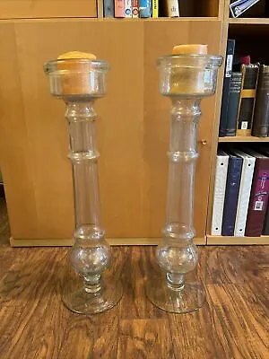 Buy Pottery Barn Two Matching Transparent Heavy Glass Large Tall Candelabras 24” • 57.90£
