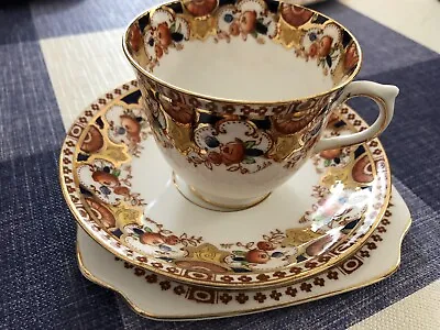 Buy English Make China Lovely Orange Gold Pattern Trio With Square Plate Crown On Ba • 8£