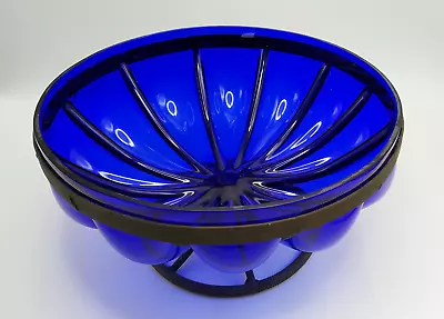 Buy Vintage Metal Caged Cobalt Blue Blown Art Glass Pedestal Bowl. 10  Diameter • 9.99£