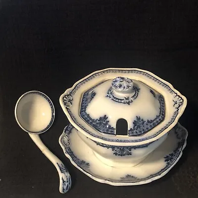 Buy Antique Burleigh Ware Rosette Tureen With Lid  Underplate Ladle Blue White • 120.25£
