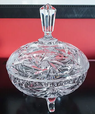 Buy 16cm Diameter Clear Cut Glass - 3 Leg Candy Dish Bowl With Lid Heavy • 9.95£