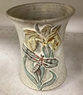 Buy Vtg Welsh Stoneware Art Vase Raised Floral Pottery Tregaron Cymru,Iris/Dragonfly • 16.39£