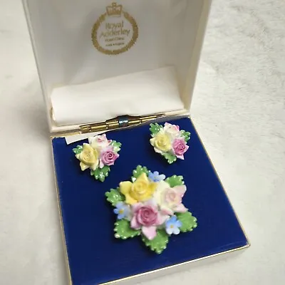 Buy Vintage Royal Adderley Floral China Brooch And Clip On Earrings Made In England • 17.50£