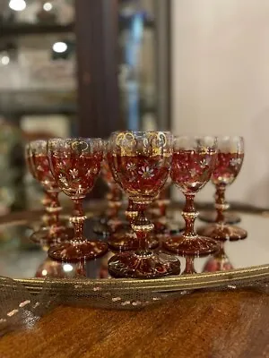 Buy Antique Bohemian Wine Glasses Red Hand Painted Floral Gilt Goblet Daisy 12 Pcs • 699.05£
