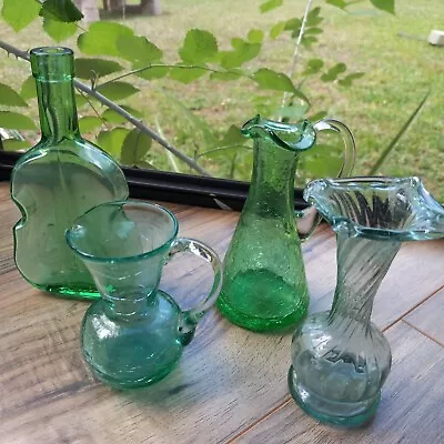 Buy Vintage Green Art Crackle Glass Bottle Pitcher 4 Pc Lot • 57.90£