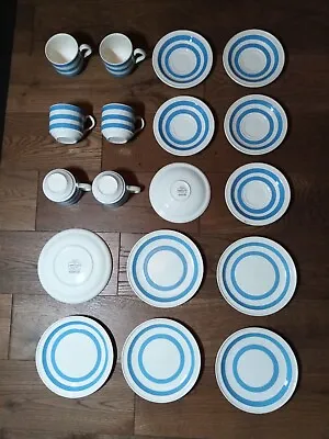 Buy Carrigaline Pottery, Blue & White Stripe Set Of 6 Cups, Saucers And Plates. • 40£