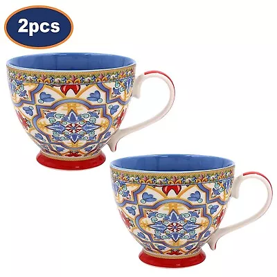 Buy 2pcs Tuscany Fine China 400ml Red Footed Cups Mediterranean Style Coffee Mug Set • 17.75£