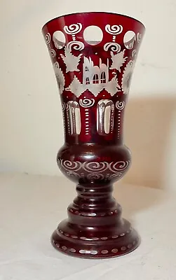 Buy High Quality Handmade Moser Cut To Clear Ruby Red Crystal Glass Etched Vase • 224.90£