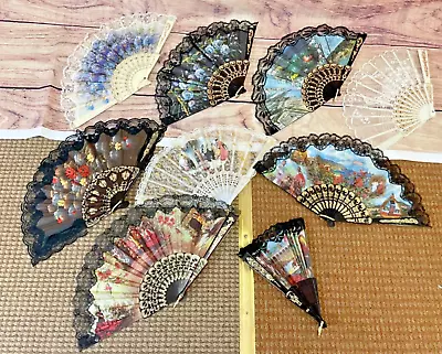 Buy 9 Vintage Spanish Hand Fans Plastic Lace Fabric Material. 1970's/80's (C3) • 30£
