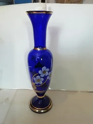 Buy Vintage Hand Painted Czech/bohemian Cobalt Blue Glass Footed Vase With Gold Gilt • 12£