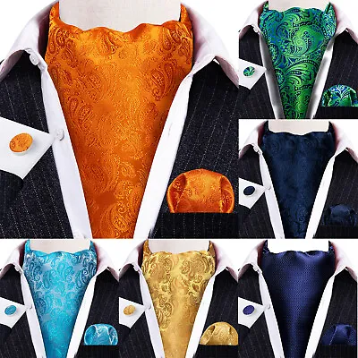 Buy 100 Colors Mens Silk Ascot Cravat Vintage Tie Paisley Scarf Hanky Cufflinks Set • 11.99£