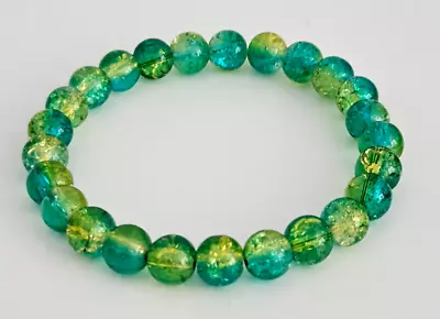 Buy Elasticated Two Tone Green Mix Crackle Glass Round Bead Bracelet – NEW • 2.75£