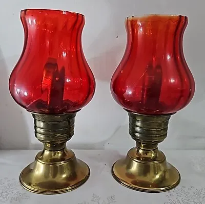 Buy Antique.vintage.rare.pair Of Brass N Ruby Glass Candle Holders.  • 65£