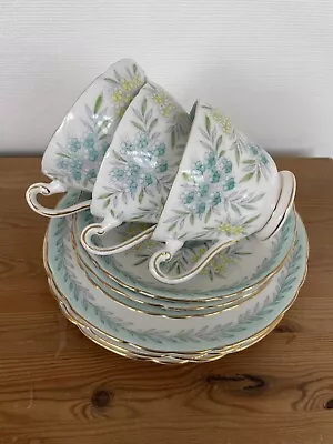 Buy Vintage 3 Tuscan Bone China Trios Pale Blue And Yellow Floral Design With Gilt • 15£