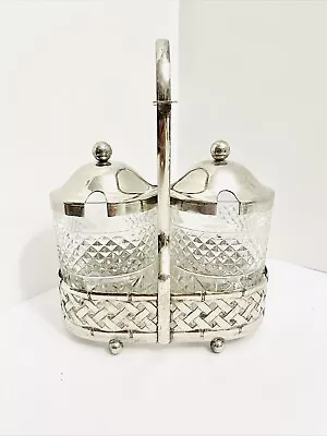 Buy Vintage Condiment Set Silver Plate Caddy & Cut Glass Jelly Jars With Lids • 26.46£