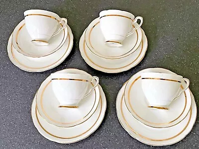 Buy 4 Royal Stafford Bone China Trios, Gold On White, Tea Cups, Saucers, Side Plates • 24£