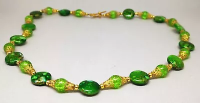 Buy Vintage Venetian Style Green & Gold Crackle Glass Marbled Beads Necklace • 8£