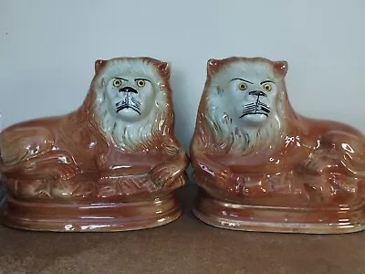 Buy Antique Pair Of Large Victorian Mantel Lions, Staffordshire, Recumbent Lions • 99.95£